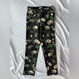 H&M floral slim-fit trousers in black with green/cream floral print